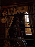 Person in canal boat cabin