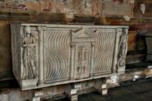 [picture: Pegasus stone coffin: front view]