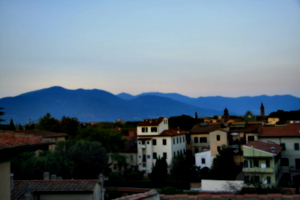 [picture: View from the Hotel Balcony 11: hills, trees, houses]