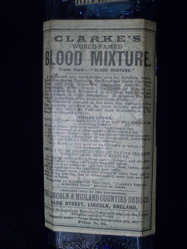 [Picture: Clarke’s Blood Mixture 2 (closeup of label)]
