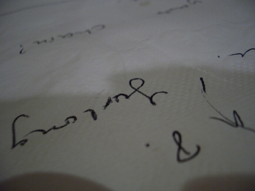 [Picture: Handwriting on a napkin]