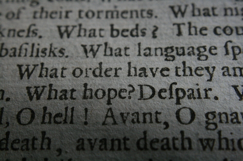 [Picture: Closeup words 4: What hope? Despair.  O hell!]