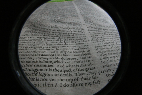 [Picture: Closeup words 9: horrid legions of devils (wide-angle fish-eye)]