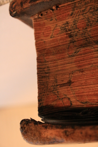 [Picture: Corner of a 1663 leather-bound book 1]