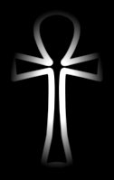 [picture: White ankh cross on a black background]