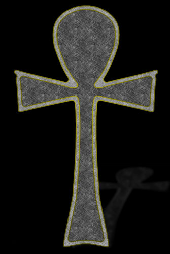 [Picture: Granite ankh cross with gold trim and a perspective shadow, on a black background]