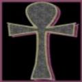 [Picture: Granite ankh with neon pink lighting and a black background]
